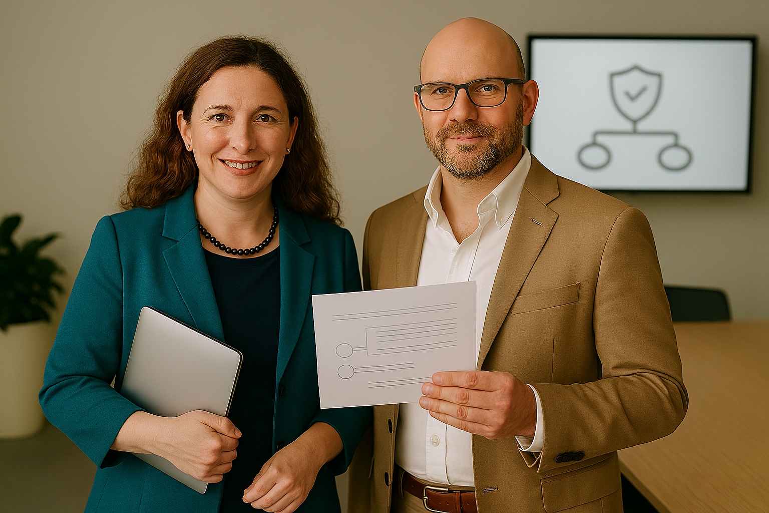 Emily Tell and Matt Edwards collaborating in a bright workspace, smiling confidently.