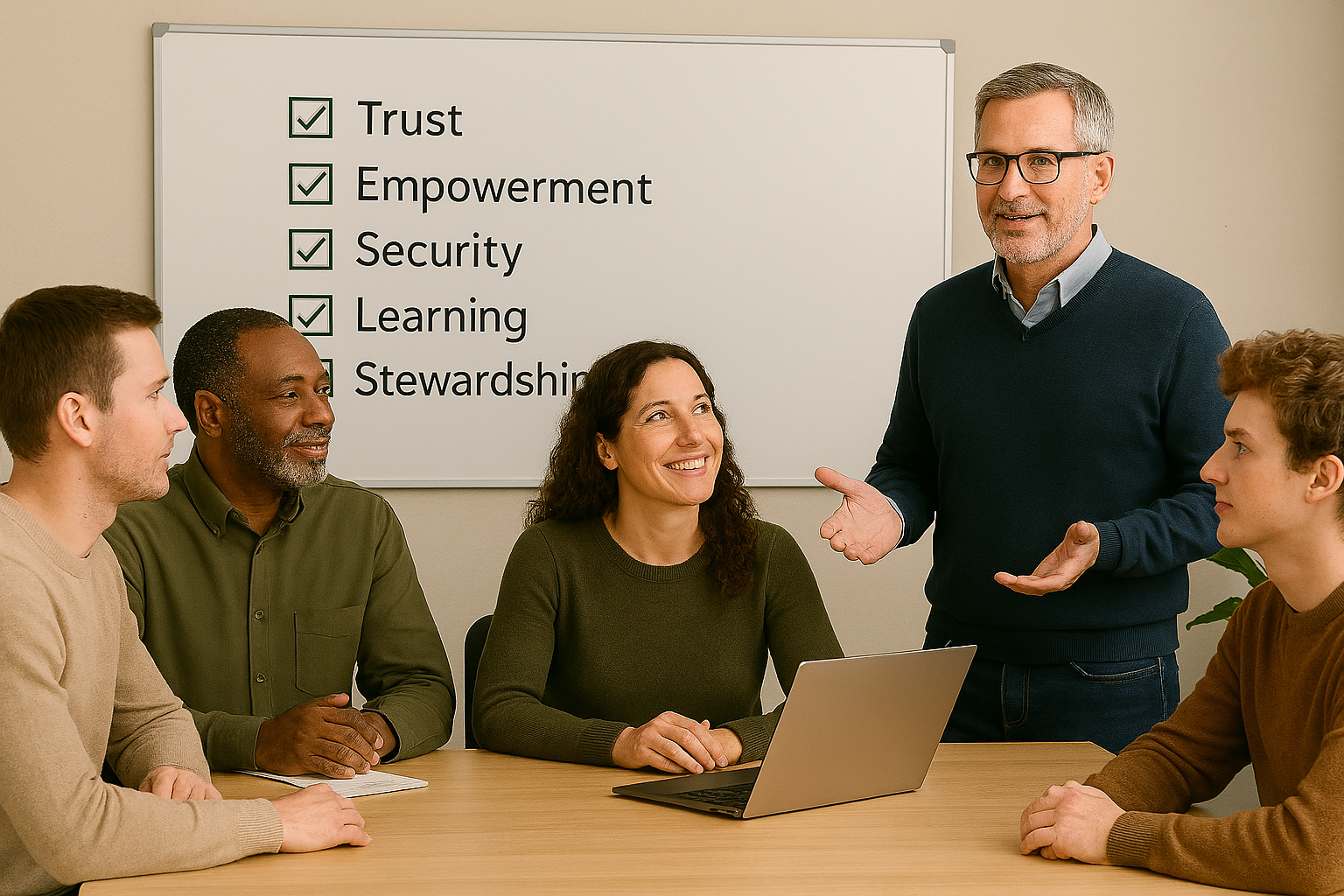 Calm team reviewing values poster with trust, security, and learning checklist.