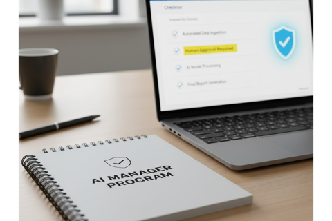 A close-up of a notebook titled “AI Manager Program” beside a laptop showing a workflow checklist and a highlighted “Approval required” step.