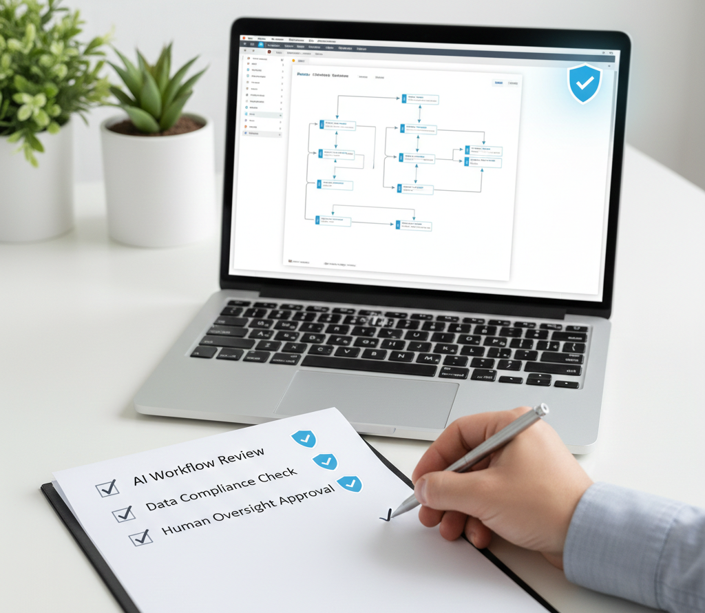 A simple, clean photo of a checklist next to a laptop showing a workflow screen, with a subtle shield/checkmark symbol to suggest review and approval.