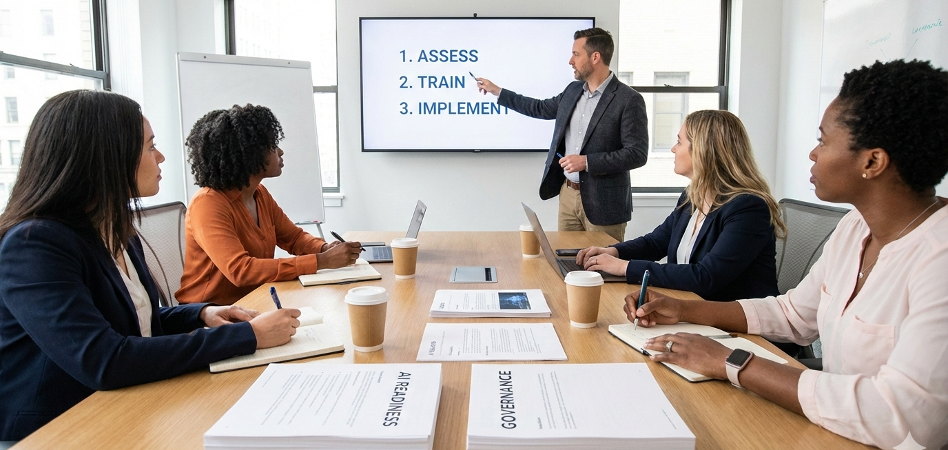 Facilitator leading an AI workshop with handouts labeled readiness and governance.