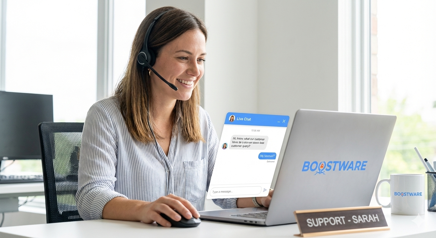 Friendly Boostware support teammates collaborating with headsets and laptops.