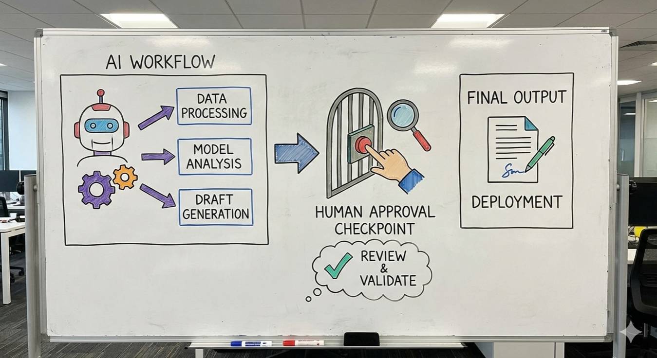 A gated pipeline illustration: AI does work; a human approves at a checkpoint.